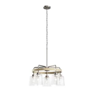 Bolson 24 in. 5-Light Brushed Nickel with Distressed Antique White Farmhouse Wagon Wheel Circle Chandelier for Kitchen