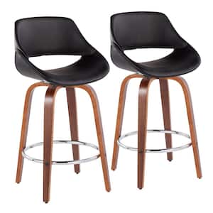 Fabrico 38 in. Black Faux Leather and Walnut Wood High Back Counter H Bar Stool with Round Chrome Footrest (Set of 2)