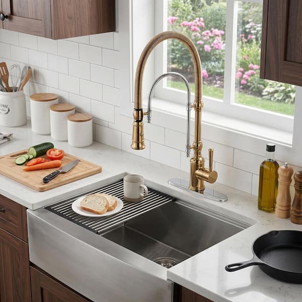 Single Handle Deck Mount Gooseneck Pull Down Sprayer Kitchen Faucet in Bushed Gold and Chrome