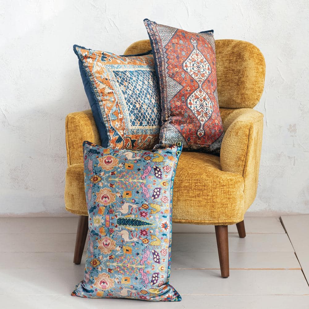 Vintage Multicolor Velvet Rectangular Lumbar Pillow with Fringe