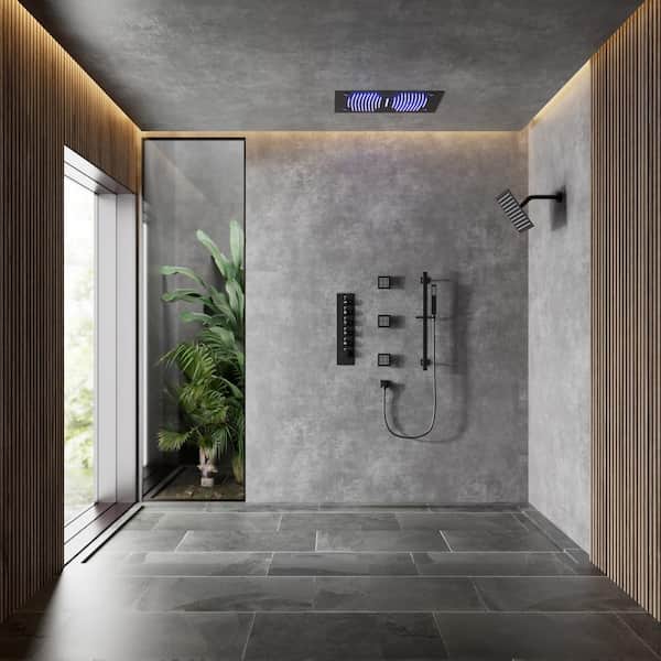 Large 63-Spray 27 1/2 in. and 8 in. Dual Shower Heads Ceiling Mount Fixed and Handheld Shower Head in Matte Black