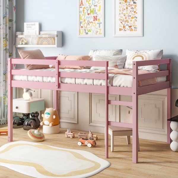 Tilda Pink Twin Size Low Loft Bed with Ladder