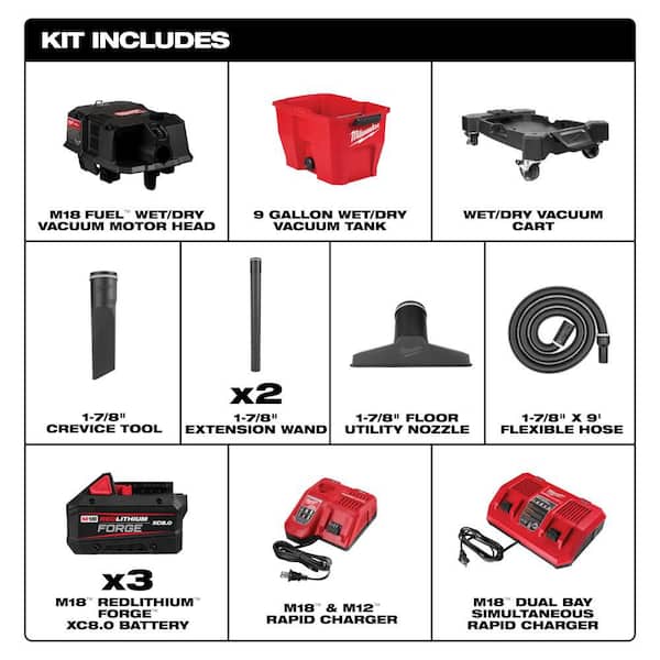 Milwaukee M18 FUEL 9 Gal. Cordless DUAL BATTERY Wet/Dry Shop
