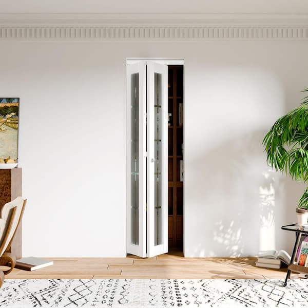 TENONER 24 in. x 80 in. 10 Lite Decorative Frosted Glass Solid Core White PVC Covering MDF Bi-fold Doors with Full Accessories