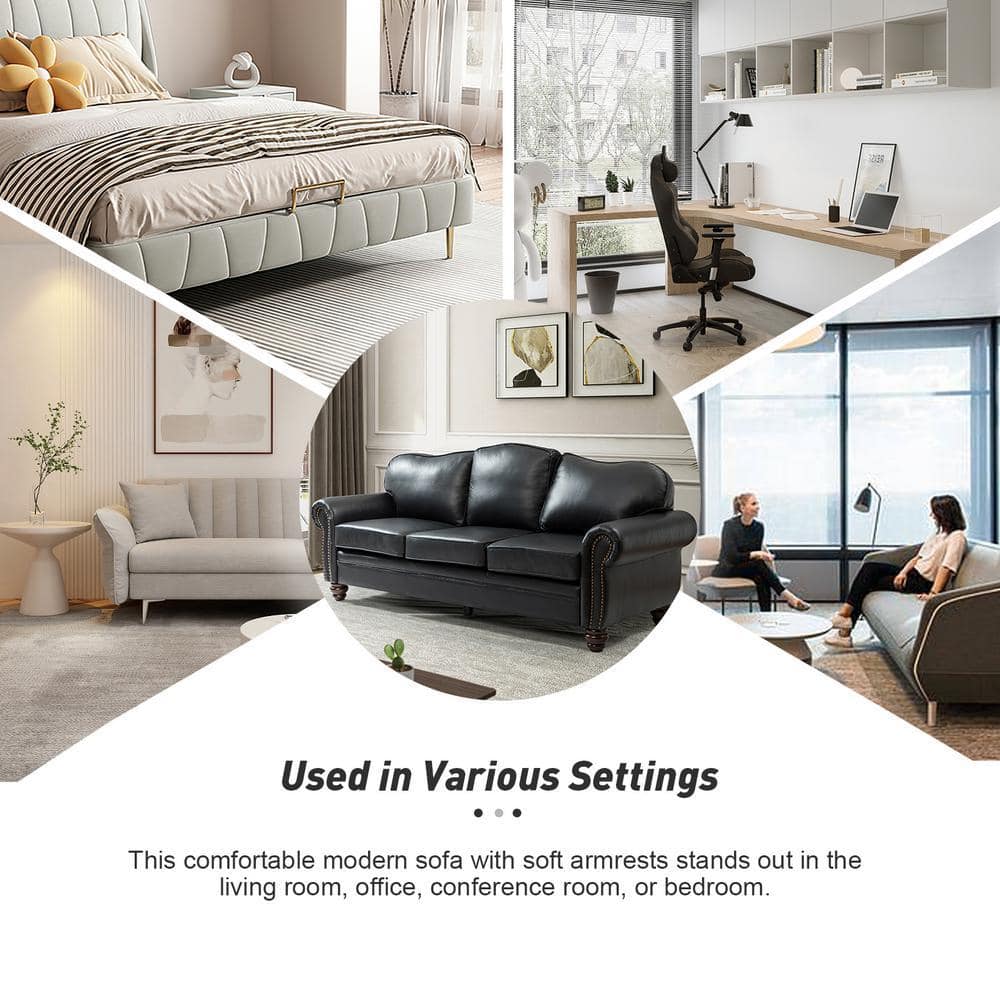 Collage of various lifestyle settings featuring the black leather sofa.
