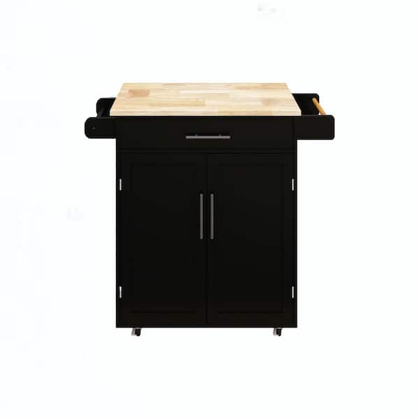 Rolling Black Rubber Wood Top 38 in. Kitchen Island Cart with Adjustable Shelves and Towel Rack, 1 Drawer and 2 Doors