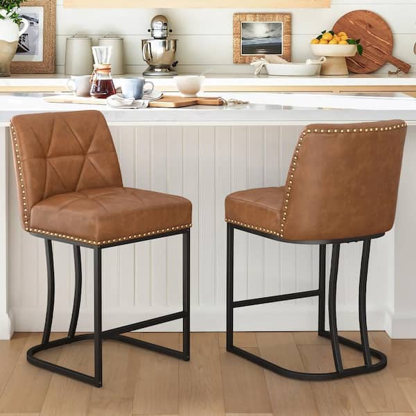 Brown Faux Leather Bar Stool Metal Frame Upholstered Seat Bar Chair with Backrest Rivet Set of 2