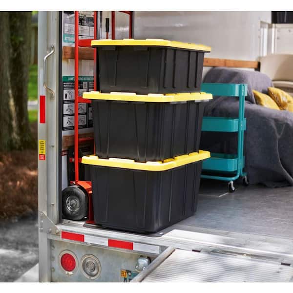 Plastic Heavy Duty Storage Tote Box, 23 Gallon, Black With Yellow