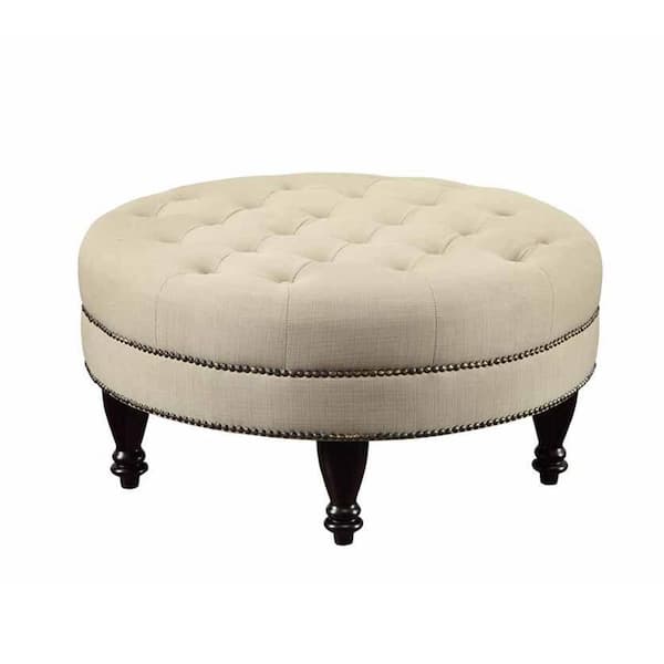 Benjara Gray Fabric Round Accent Ottoman