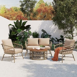 4-Piece Wicker Outdoor Sectional Set, Patio Conversation Set with Removable Beige Cushions and Wood Tabletop for Garden