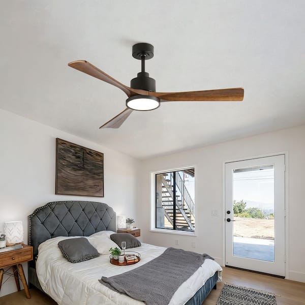 52 in. Indoor Black 3 Solid Brown Wood Blades Downrod Modern Ceiling Fan with Full Spectrum LED Light and Remote Control