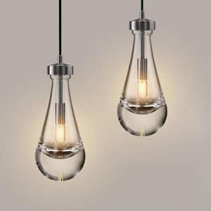 1-Light Modern Silver Chandelier, Pendant Light Kitchen Island with Raindrop Glass Shade (2-Sets)