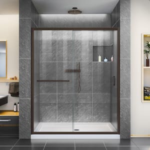 Infinity-Z 34 in. x 60 -Frameless Sliding Shower Door in Oil Rubbed Bronze with Center Drain Shower Pan Base in White