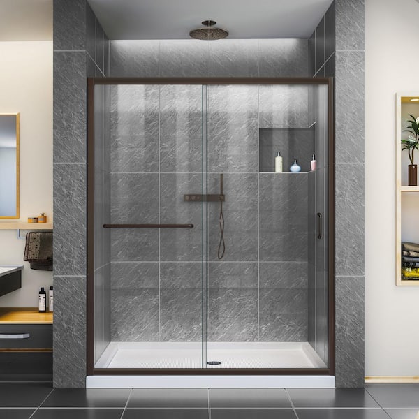 DreamLine Infinity-Z 34 in. x 60 -Frameless Sliding Shower Door in Oil Rubbed Bronze with Center Drain Shower Pan Base in White