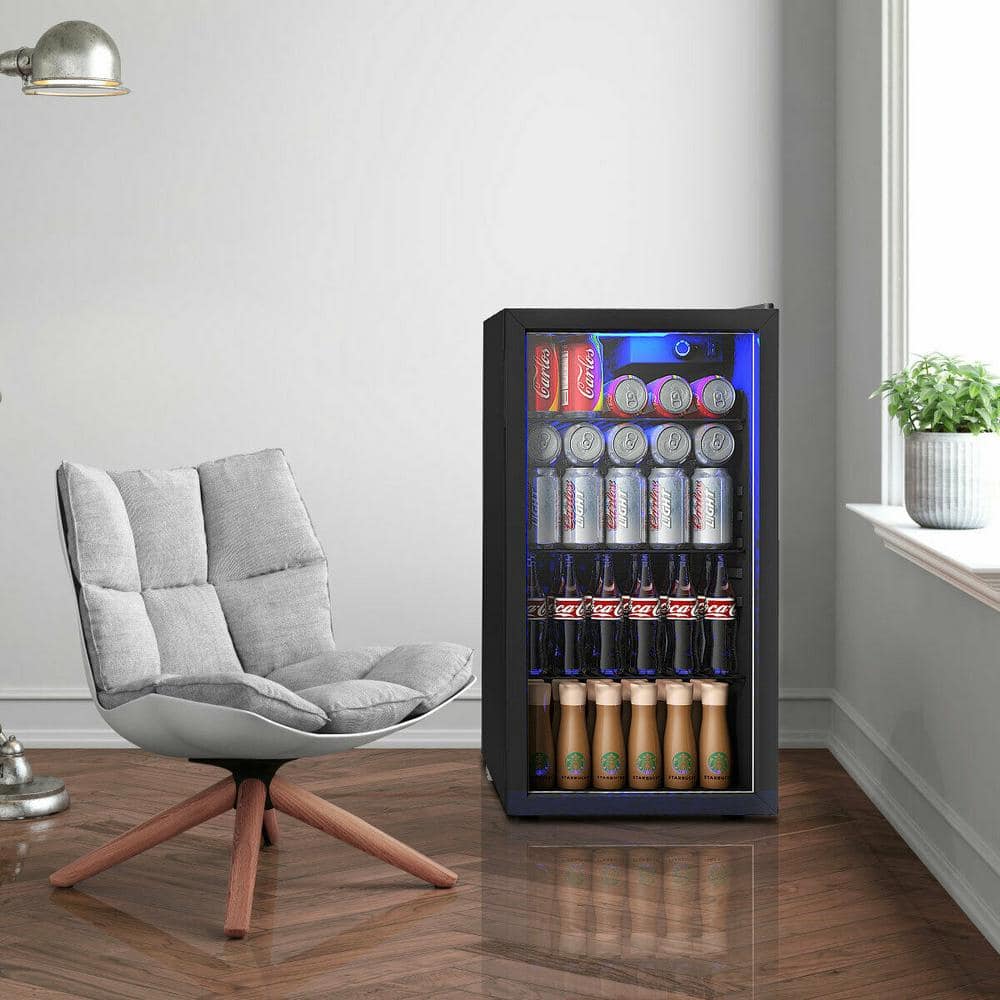 Compact Black 120-Can Beverage Refrigerator with Glass Door