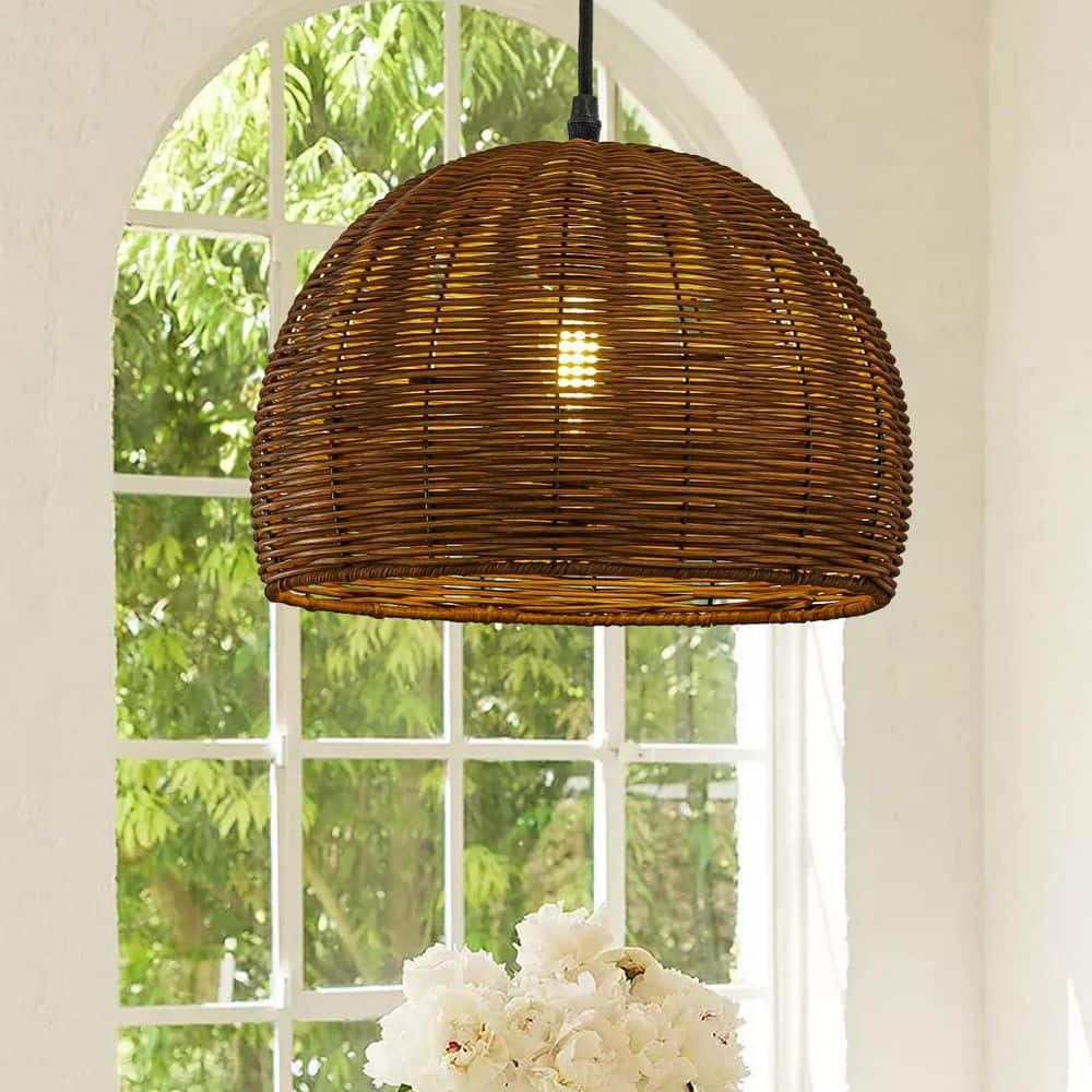 1-Light 12 in. Farmhouse Brown and Black Natural Rattan Dome Pendant Light 