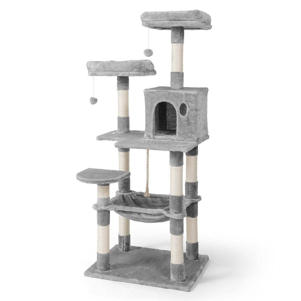 BOWHAUS 58 in. Light Grey Cat Tower for Indoor Cats, Multi-Level Cat Activity Tree with Scratching Posts, Basket, Cave Condo PHFC-BH572401-LTGY