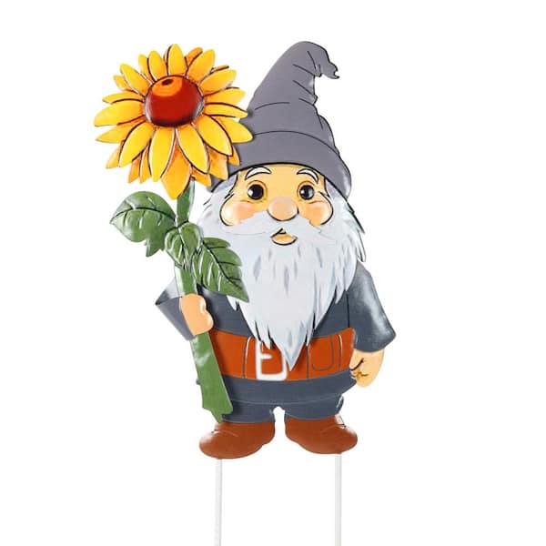 Colorful Gnome Hand Painted with Sunflower 2.02 ft. MultiColor Metal Garden Stake
