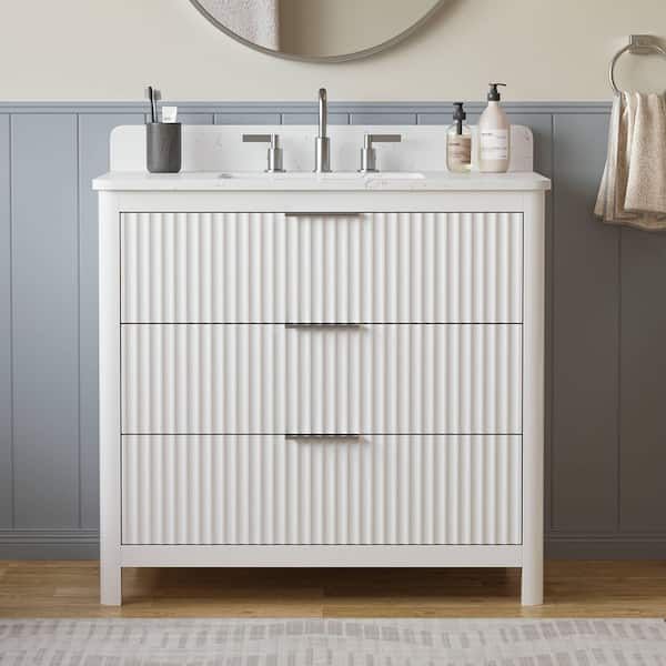 Gwen 37 in. Single Sink Freestanding White Bath Vanity with Carrara White Engineered Stone Top and Backsplash Assembled