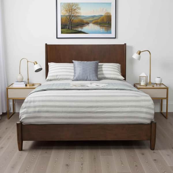 Mid Brown Wood Frame King Size Panel Bed with Round Legs
