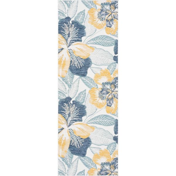 Tayse Rugs Flora Navy 2 ft. x 8 ft. Floral Indoor/Outdoor Area Rug
