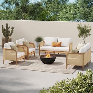 Twila 4-Piece Conversation Patio Set, Bohemian Solid Wood Outdoor Loveseat and Chairs Set with Linen White Cushions