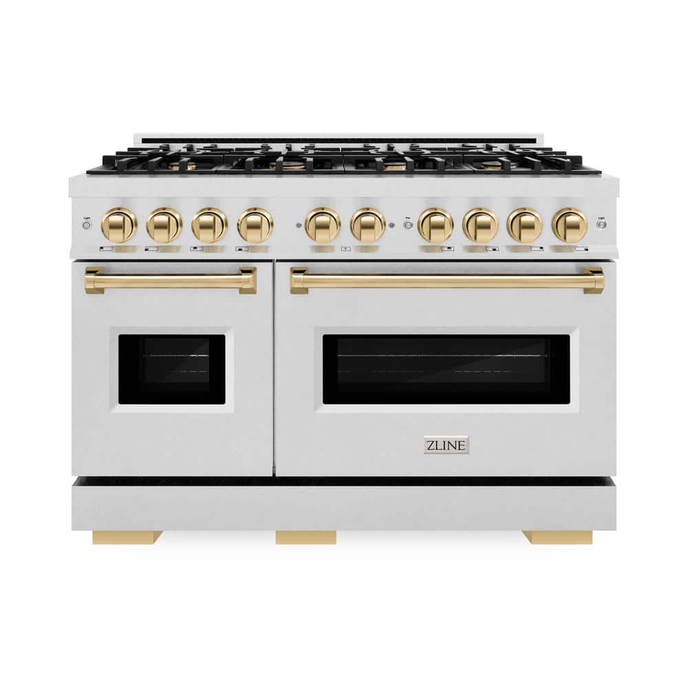 Autograph 48 in. Classic Double Oven Gas Range with 8 Burners in Satin Stainless Steel and Polished Gold Accents price history on PriceWatchPro