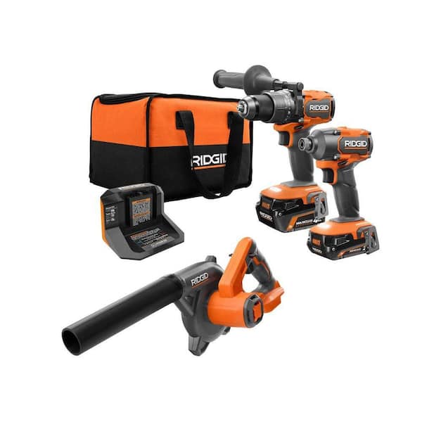 RIDGID 18V Brushless Cordless 3-Tool Combo Kit with Hammer Drill, Impact Driver, LED Work Light, (2) Batteries, Charger and Bag