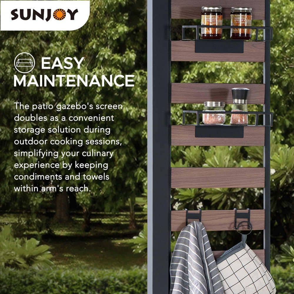 Matte Black 7 x 9 ft. 2-Tier Hardtop Grill Gazebo with Storage Shelves