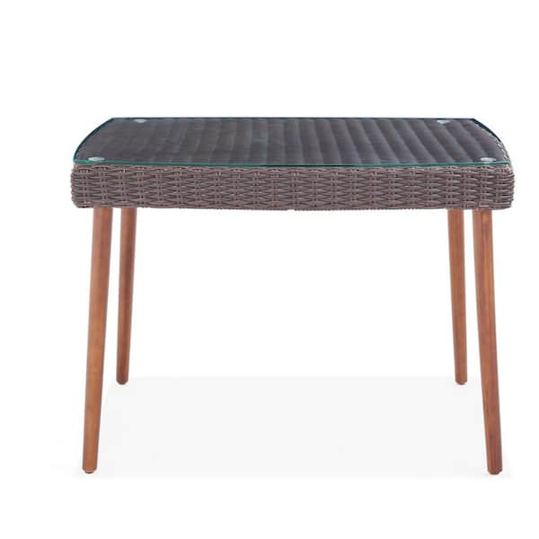 Afoxsos Brown Rectangular Plastic Outdoor Coffee Table with Wooden Legs and Glass Tabletop