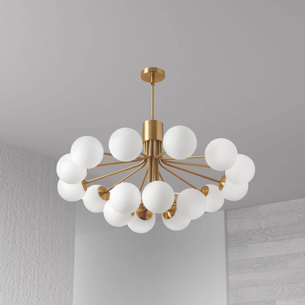 Amanda Aged Brass 36" Modern Globe Chandelier with White Glass