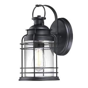 Kellen 1-Light Textured Black Finish Wall Mount Lantern with Clear Seeded Glass