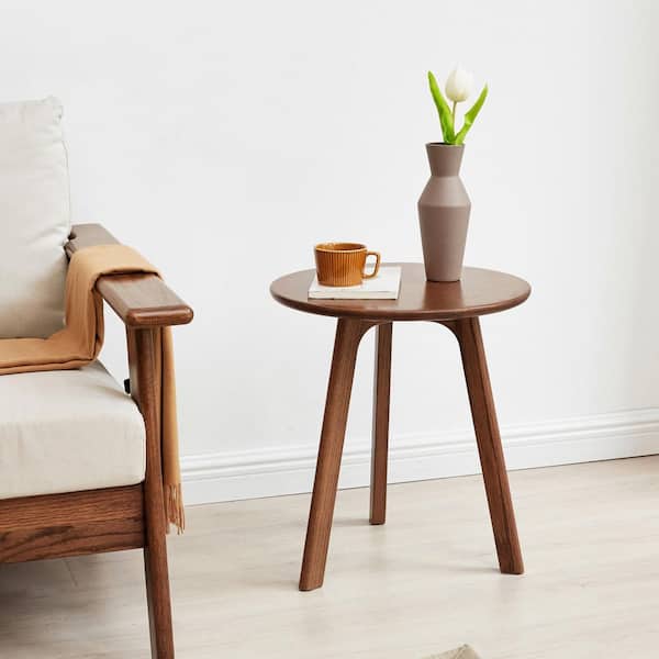 17.72 in. Walnut Round Natural Solid Oak Wood End Table for Living Room/Bedroom, Easy Assembly
