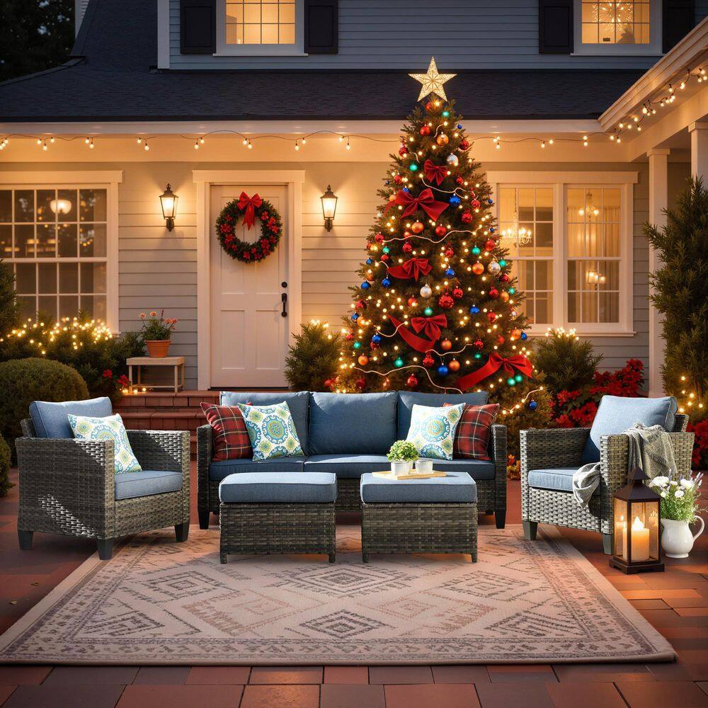 New Vultros Gray 5-Piece Wicker Outdoor Patio Conversation Seating Set with Blue Cushions price history on PriceWatchPro