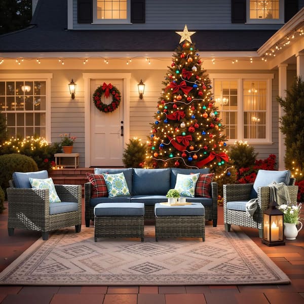 OVIOS New Vultros Gray 5-Piece Wicker Outdoor Patio Conversation Seating Set with Blue Cushions