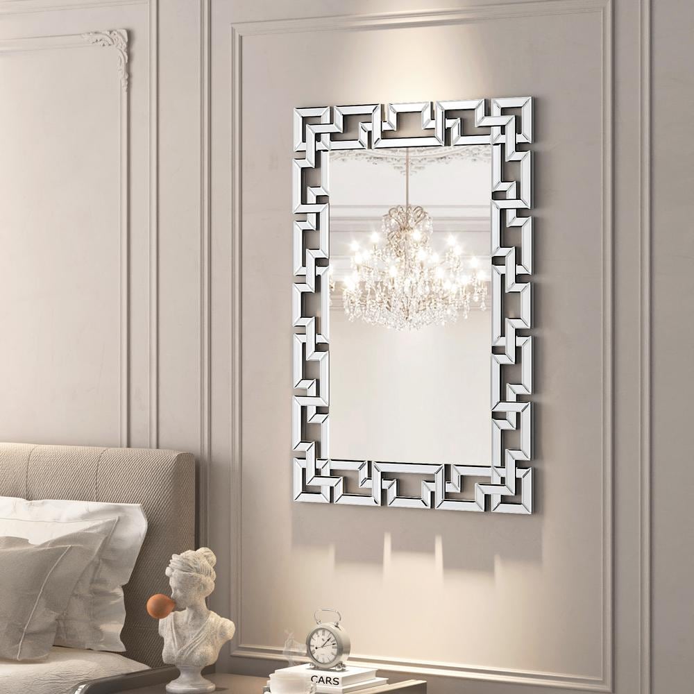 Venetian Silver Rectangular Beveled Wall Mirror with Carved Frame
