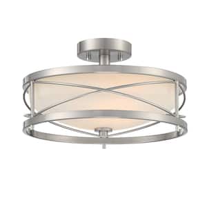 Thayer 8.5 in. 2-Lights Round Satin Nickel Opal White Glass Drum Semi Flush Mount, Modern Ceiling Light