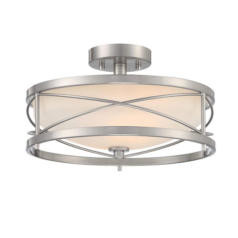 Home Decorators Collection Thayer 8.5 in. 2-Lights Round Satin Nickel Opal White Glass Drum Semi Flush Mount, Modern Ceiling Light