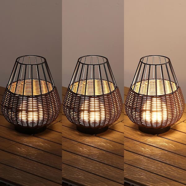 Elian 10 in. Indoor/Outdoor Faux Wicker Rechargeable Dimmable Integrated LED Table Lamp, Dark Brown/Black (Set of 2)