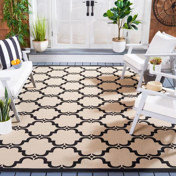 Courtyard Beige/Black 8 ft. x 11 ft. Border Indoor/Outdoor Patio  Area Rug