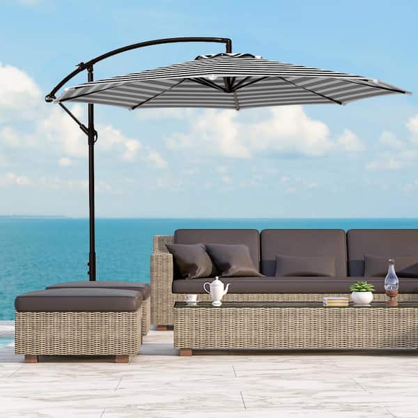 Bayshore Outdoor 10 ft. Hanging Offset Cantilever Patio Umbrella with Easy Crank Lift and Cross Base, Black/White Stripe
