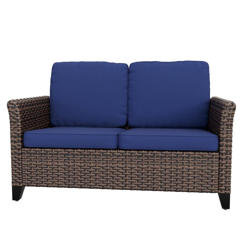 Powder Coated Black Steel Two-Seater Wicker Loveseat with Blue Cushions