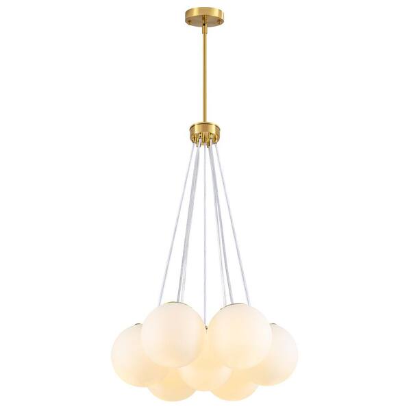 7-Light Mid-Century Gold Chandelier with White Glass Shades for Dining Room and Kitchen Island