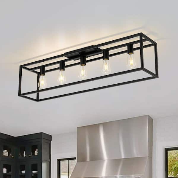 Libtad 5-Light 40.9 in.W Matte Black Flush Mount Rectangular Industrial Farmhouse Ceiling Light for Kitchen
