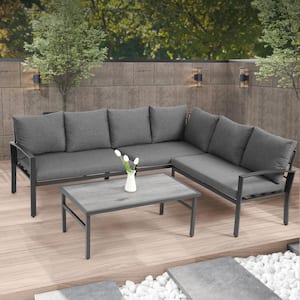 4-Piece Black Metal Patio Conversation Set with Gray Cushions, Water Resistant