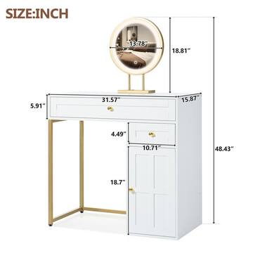 Polibi 2-Drawers White/Gold Makeup Vanity Table Wooden Dressing Desk with 3 Lighting Modes Mirror, 1 Cabinet RS-39578306K