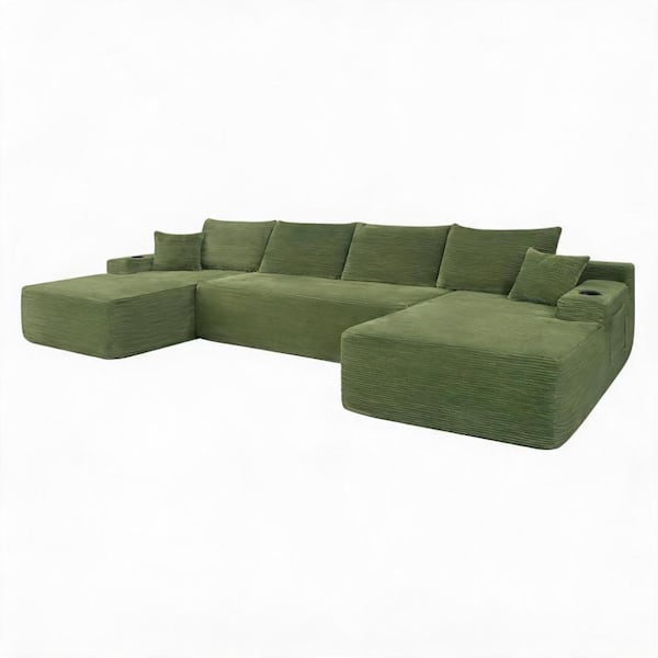 Cloud Sectional Sofa 126 in. U-Shape 5-piece Corduroy Modular with Chaise and Cup Holder Sectional Sofa in Green