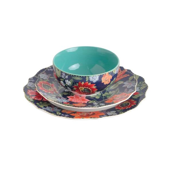 222 Fifth Chintz 12-Piece Porcelain Dinnerware Set, Blue, Round