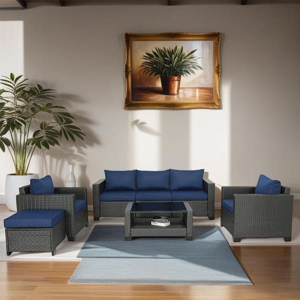 Unbranded 7 -Piece Coffee Wicker Outdoor Conversation Sectional Set with Dark Blue Cushions, Coffee Table and Ottoman