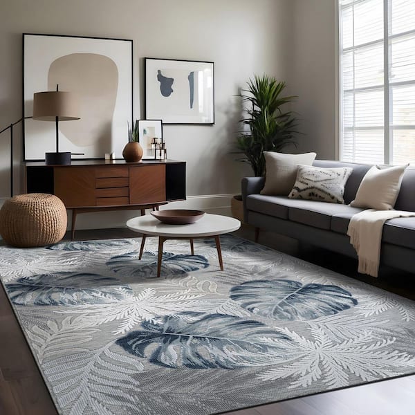 Jungle Blue 10 ft. x 14 ft. Washable Tropical Floral Indoor Outdoor Area Rug